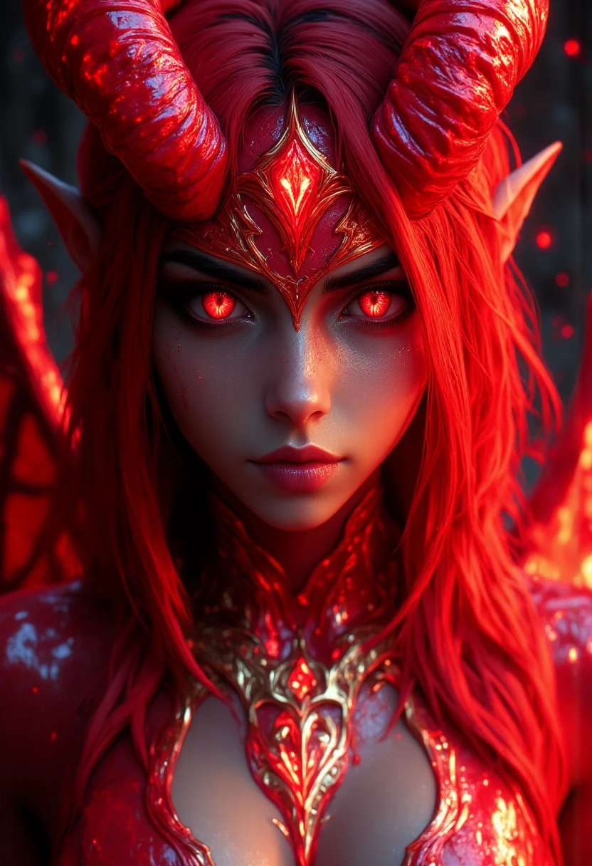 photorealistic portrait of the red demon king, with golden chains and glowing eyes, highly detailed skin, cinematic lighting, epic fantasy style, in the style of octane render, 3d game art, in the style of Unreal Engine 5, hkevil, hkbeauty <lora:TestStyle-000001:0.9> <lora:BeautyInEvilFlux:0.7>