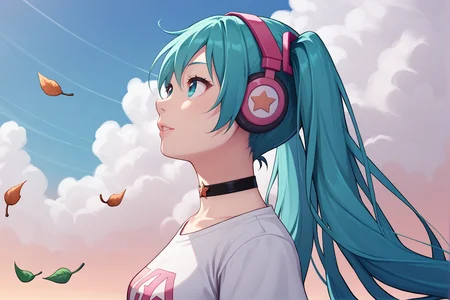 score_9,score_8_up,score_7_up,source_anime,<lora:Oekakizuki-Style-PonyXL-v1:0.8>,1girl,<lora:Everlasting_Summer_Miku_by_GraffMetal:0.7>,miku,aqua hair,long hair,twintails,aqua eyes,
solo,choker,headphones,sky,black_choker,long_hair,wind,cloud,leaf,from_side,upper_body,parted_lips,outdoors,stars,t-shirt,