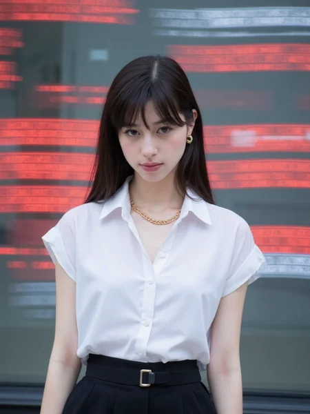 There are wonderful studio lights and various reflections,
18yo beautiful cute girl with blushing and female orgasm.skin naturally showing the texture of blood vessels and detailed pale skin,
--,
<lora:Nakajo_Ayami_f1:1>,she is Nakajo Ayami,
(Classic_white_blouse:1.6),(Tailored_black_trousers:1.5),(Gold_chain_necklace:1.4), Lines of Movement, HAS12345.3FR, A young woman dominates the frame, partially obscured by streaks of fast-moving digital text in red and black. Her expression is calm and composed, her dark eyes focused ahead with a quiet intensity. The lighting is soft and cool, highlighting the smooth texture of her skin and her hair, which blends with the shadows of her. The woman stands in an urban setting, but the background is blurred with motion, fading into soft grays and blues, indicating the city but leaving it abstract.The red streaks of digital text, sharp and bright, cut across the scene horizontally, giving the image a futuristic, cyberpunk feel. The contrast between the womanâs soft, natural features and the harsh, glowing text creates tension, as though she exists between two worldsâone of calmness and one of fast-paced digital information. The composition draws the viewerâs eye to the womanâs face while also directing attention to the moving text that surrounds her. The interplay of light and shadow is subtle, allowing the glowing text and the woman's focused gaze to take precedence.The overall atmosphere is mysterious and slightly futuristic, evoking themes of technology, modern life, and isolation in a digital world. The image suggests a person in tune with both the physical and digital environments, navigating between them with ease.,#æ°åå
线èå