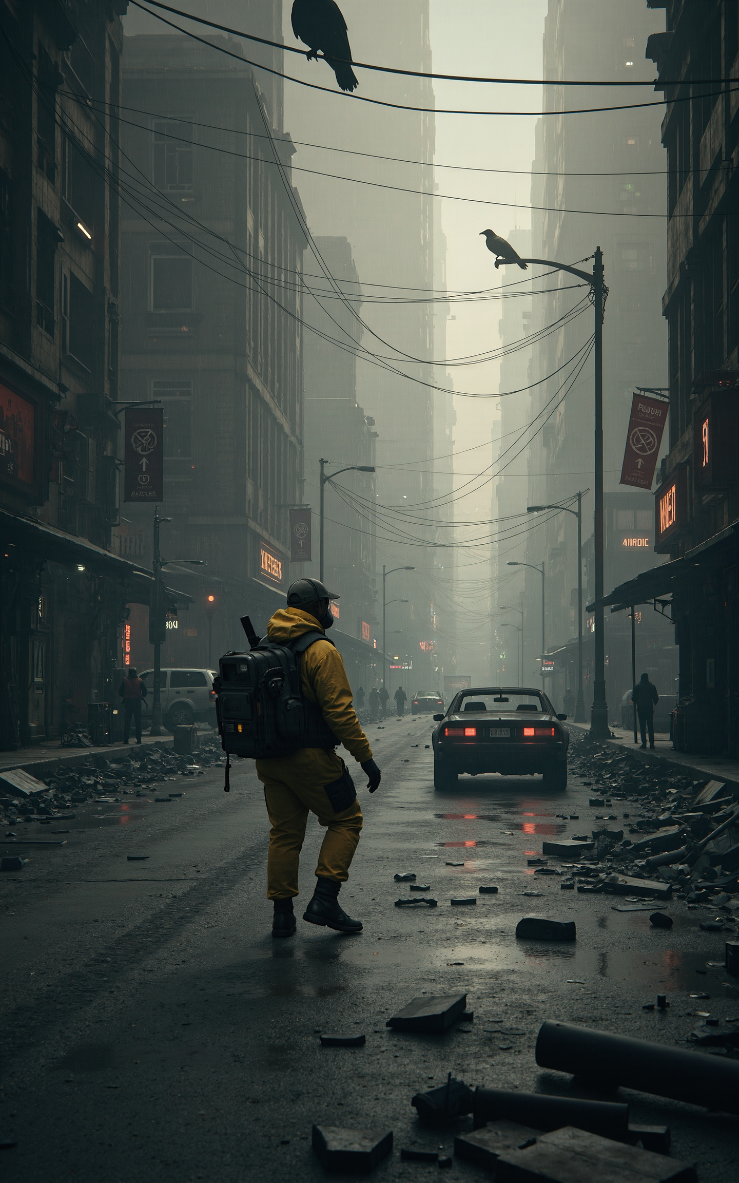 On an abandoned city street,ruins and debris are scattered everywhere. Dust drifts through the dim light,revealing that the once-thriving metropolis is now a thing of the past. Shattered storefront windows,collapsed streetlights,and cracked asphalt silently tell the story of a devastating catastrophe.A heavily armed rescue worker moves forward cautiously. He is clad in a thick biohazard suit,a tactical helmet,and a gas mask that obscures his face. In his hands,he grips a high-powered flashlight and a life detection device,meticulously scanning for any possible survivors. His movements are deliberate,and on his back,he carries a medical kit and weapons,prepared for any sudden dangers.In the distance,a rusted car still smolders,releasing thin trails of black smoke into the air. Overhead,a crow perches on a broken traffic light,letting out an ominous caw. This is a world of deathly silence,where the only sounds are the rescue workerâs breathing and the crunch of his boots against shattered rubble,breaking the suffocating stillness of this desolate place.,<lora:kcyberpunk-01:0.6>,kcyberpunk,