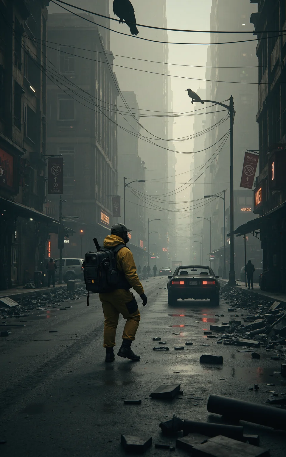 On an abandoned city street,ruins and debris are scattered everywhere. Dust drifts through the dim light,revealing that the once-thriving metropolis is now a thing of the past. Shattered storefront windows,collapsed streetlights,and cracked asphalt silently tell the story of a devastating catastrophe.A heavily armed rescue worker moves forward cautiously. He is clad in a thick biohazard suit,a tactical helmet,and a gas mask that obscures his face. In his hands,he grips a high-powered flashlight and a life detection device,meticulously scanning for any possible survivors. His movements are deliberate,and on his back,he carries a medical kit and weapons,prepared for any sudden dangers.In the distance,a rusted car still smolders,releasing thin trails of black smoke into the air. Overhead,a crow perches on a broken traffic light,letting out an ominous caw. This is a world of deathly silence,where the only sounds are the rescue workerâs breathing and the crunch of his boots against shattered rubble,breaking the suffocating stillness of this desolate place.,<lora:kcyberpunk-01:0.6>,kcyberpunk,