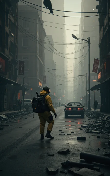 On an abandoned city street,ruins and debris are scattered everywhere. Dust drifts through the dim light,revealing that the once-thriving metropolis is now a thing of the past. Shattered storefront windows,collapsed streetlights,and cracked asphalt silently tell the story of a devastating catastrophe.A heavily armed rescue worker moves forward cautiously. He is clad in a thick biohazard suit,a tactical helmet,and a gas mask that obscures his face. In his hands,he grips a high-powered flashlight and a life detection device,meticulously scanning for any possible survivors. His movements are deliberate,and on his back,he carries a medical kit and weapons,prepared for any sudden dangers.In the distance,a rusted car still smolders,releasing thin trails of black smoke into the air. Overhead,a crow perches on a broken traffic light,letting out an ominous caw. This is a world of deathly silence,where the only sounds are the rescue workerâs breathing and the crunch of his boots against shattered rubble,breaking the suffocating stillness of this desolate place.,<lora:kcyberpunk-01:0.6>,kcyberpunk,