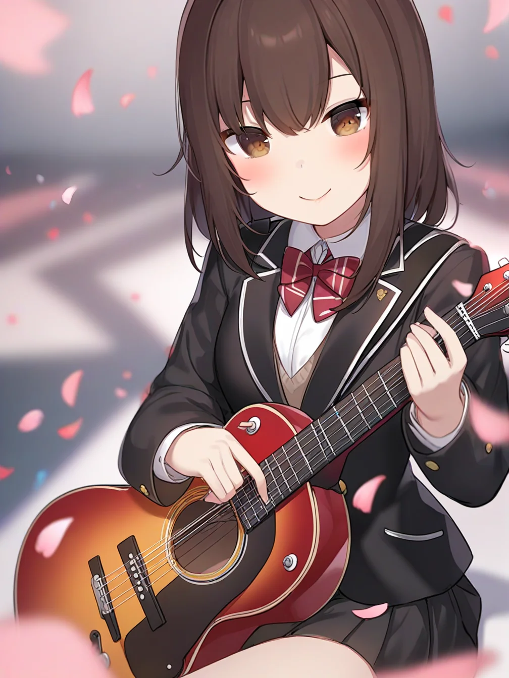 1girl, looking at viewer, blush, smile, bangs, skirt, brown hair, shirt, long sleeves, bow, holding, hair between eyes, brown eyes, closed mouth, school uniform, jacket, white shirt, collared shirt, bowtie, medium hair, blurry, red bow, black jacket, petals, blurry background, blazer, instrument, red bowtie, music, guitar, playing instrument, holding instrument, sitting
<lora:gan_cheng_3-000044>,