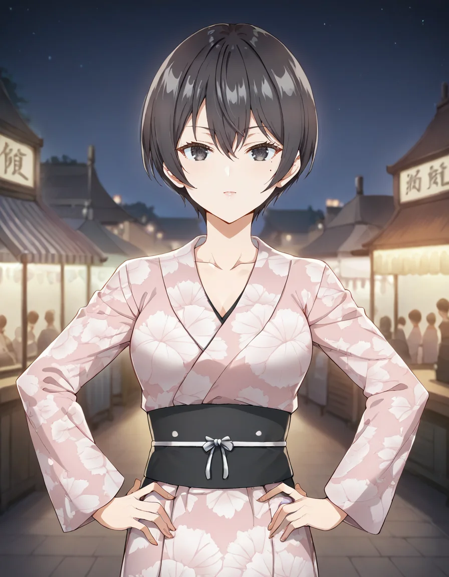score_9, score_8_up, score_7_up, source_anime, BREAK
1girl, solo, looking at viewer, blurry background, night, market,
chisaki sarashina, black hair, short hair, hair between eyes, black eyes, (mole under eye:0.7),
print kimono, hands,print dress, collarbone, breasts, waist, long sleeves, hands on hand on own hip,
<lora:chisaki_sarashina_anime_v2-soralz:1>