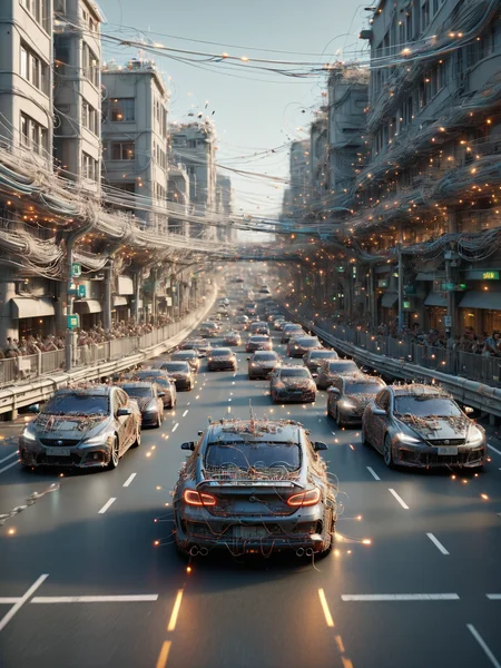 Ais-wirez car racing through the traffic in a busy ais-wirez city <lora:Electrical_Wires_Style_SDXL:1>