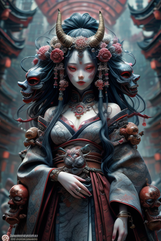 masterpiece,best quality,absurdres,high details,8K,photorealistic,amazing body,at distance,cowboy shot,thigh gap,1girl,<lora:detail_slider_v4:3>,<lora:Concept_-_Hella-sthetic_v2:0.7>,<lora:ghost doll_20230805145739:0.5>,kimono,gohstpunk,red torii,japan graveyard,ghost mask,horn,evil smile,yaksha,tengu,hanfu,ghost mask,cleavage,flower tattoo,curtain,gray hair,ghost doll,belt,hair flower,hair ornament,drop earrings,puppet rings,gold jewelry,necklace,jewelry,bangle,brooch,pendant,cult,spirit,Mysterious,spooky,oriental mythology,traditional Japanese art,dark persona,japanese temple,, intricate, elegant, highly detailed, symmetry, magical atmosphere, sharp focus, majestic, very coherent, radiant, advanced, cinematic, artistic, fine detail, winning, beautiful, stunning, dramatic light, designed, rich deep colors, perfect professional background, ambient, tailored set composition