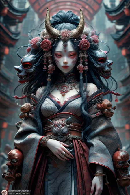masterpiece,best quality,absurdres,high details,8K,photorealistic,amazing body,at distance,cowboy shot,thigh gap,1girl,<lora:detail_slider_v4:3>,<lora:Concept_-_Hella-sthetic_v2:0.7>,<lora:ghost doll_20230805145739:0.5>,kimono,gohstpunk,red torii,japan graveyard,ghost mask,horn,evil smile,yaksha,tengu,hanfu,ghost mask,cleavage,flower tattoo,curtain,gray hair,ghost doll,belt,hair flower,hair ornament,drop earrings,puppet rings,gold jewelry,necklace,jewelry,bangle,brooch,pendant,cult,spirit,Mysterious,spooky,oriental mythology,traditional Japanese art,dark persona,japanese temple,, intricate, elegant, highly detailed, symmetry, magical atmosphere, sharp focus, majestic, very coherent, radiant, advanced, cinematic, artistic, fine detail, winning, beautiful, stunning, dramatic light, designed, rich deep colors, perfect professional background, ambient, tailored set composition