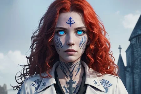 bright red hair, human female, (feminine:1.7), (beautiful face, detailed face:1.6), (beautiful eyes, detailed eyes:1.7), (looking at viewer, eye contact, intense:1.6), (long hair, red hair, curly hair:1.3), , ((masterpiece, best quality, high resolution, realistic, best quality,)), photo realistic, Perfect Face, (detailed face). <lora:GoodHands-vanilla:0.6> <lora:add-detail-xl:0.8>, mage, (Dress White military uniform coat), dagger, rune dagger, glowing runes, , (((glowing magic symbols tattoos, religious tattoos))), ((face tattoos)), glowing tattoos, stone tower in the background