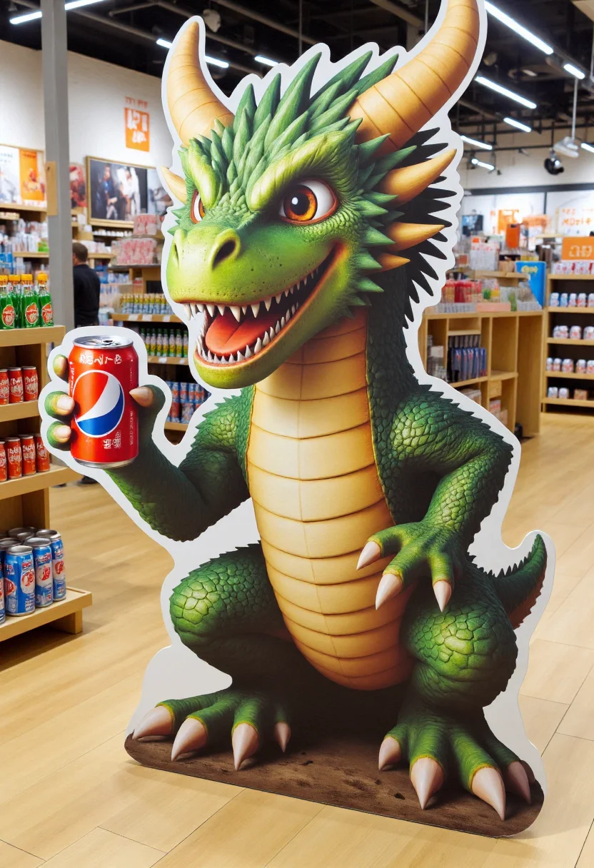 <lora:Cardboard_Cutout_Creator_FLUX-000021:0.9>
The image is a high-resolution photograph taken inside a retail store, showcasing a large, detailed, 3D cardboard cutout of a dragon that is holding a can of soda.
