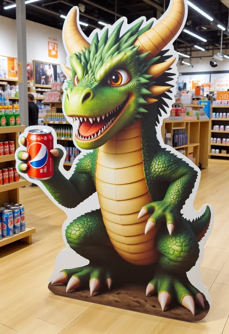 <lora:Cardboard_Cutout_Creator_FLUX-000021:0.9>
The image is a high-resolution photograph taken inside a retail store, showcasing a large, detailed, 3D cardboard cutout of a dragon that is holding a can of soda.