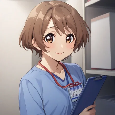 ,MaiKonoike, 1girl, solo, brown hair, short hair, brown eyes, blue shirt, lanyard, holding clipboard, v, blush, smile