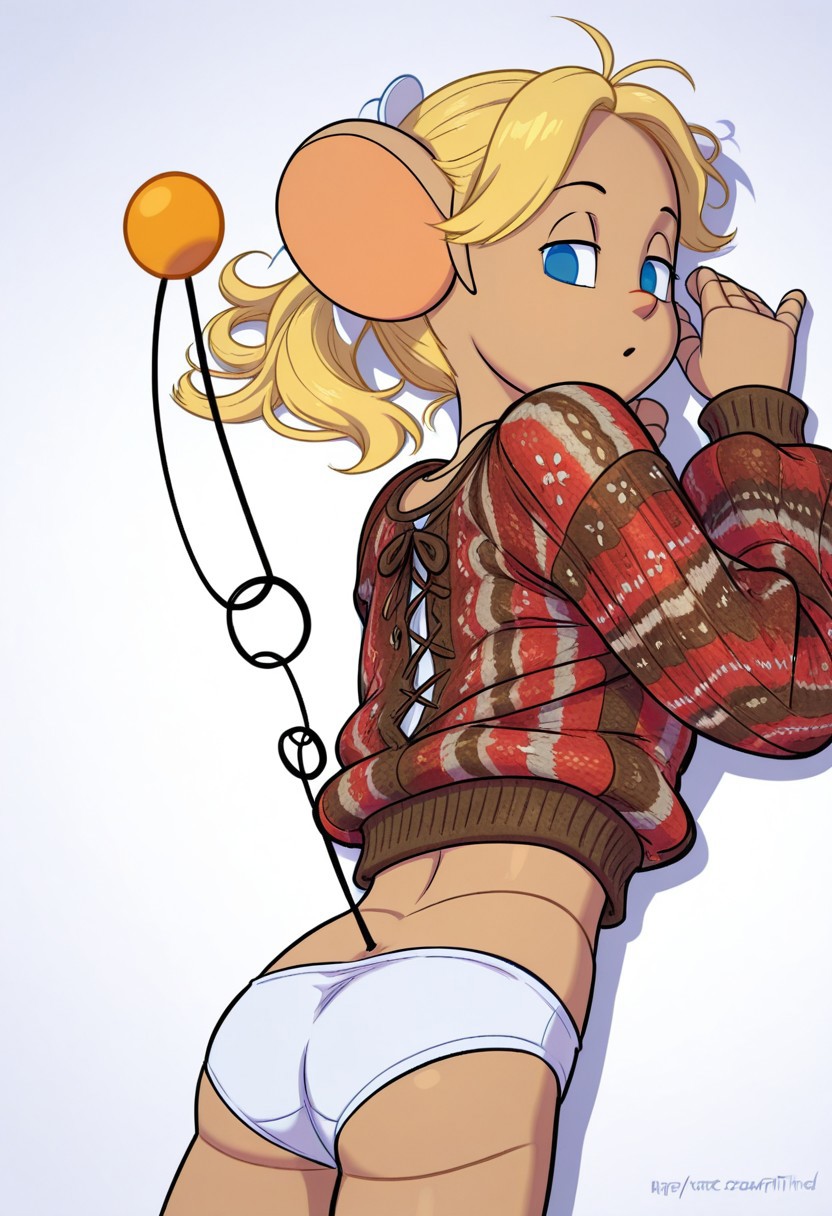 solo, crocheted sweater, springtail, laying on stomach, from above, white panties, robot joints, looking at viewer, blank background
