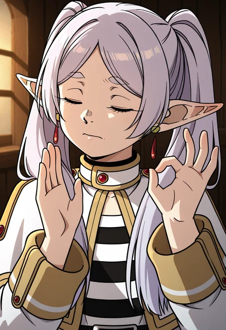 masterpiece, high quality, p4ch4, hands up, ok sign, closed eyes, closed mouth, facing to the side, 1girl, solo, frieren, upper body,