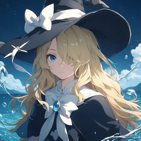 score_9, score_8_up, score_7_up, score_6_up, marie-spearhead, toaru, 1girl, hat, blonde hair, solo, witch hat, blue eyes, long hair, hat bow, bow, looking at viewer, hair over one eye, capelet, closed mouth, anime coloring, white bow, upper body, sky, water, night