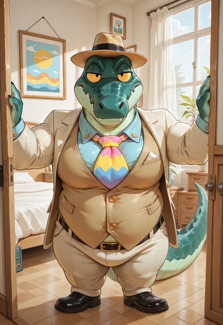 best quality, amazing quality, very aesthetic, absurdres, newest, high quality, masterpiece, source_furry BREAK GranaG4tor, solo, 1boy, alligator, furry male, scales:1.2, male focus, half-lidded eyes, (muscle, chubby:1.2), belly, no humans, colorful tie, sharp teeth, short:1.2, fedora, black eyes, tail, claws, bedroom, standing, big pecs, big hips, shortstack, pectoral focus, , suit, vest <lora:Granada_Gator_TV_Commercial:.8> <lora:NOOB_vp1_detailer_by_volnovik_v1:1>
