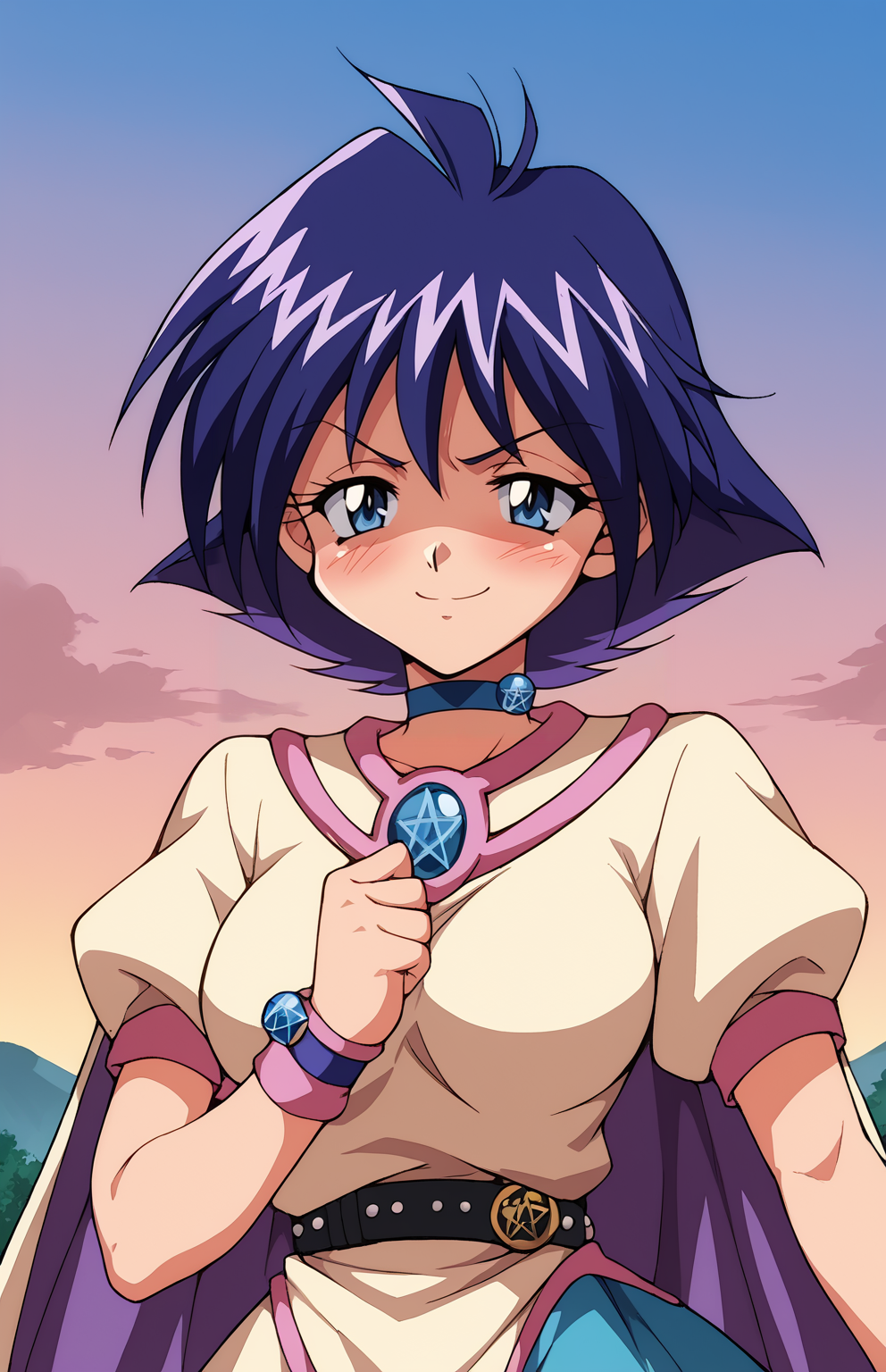 score_9,score_8_up,score_7_up,score_6_up BREAK source_anime,rating_explicit,masterpiece,best quality,detailed background,<lora:Amelia_Wil_Tesla_Saillune_Slayers_culty:0.8>,amelia,1girl,short hair,blue eyes,purple hair,retro artstyle,1990s (style),pentacle,cape,choker,short sleeves,skirt,upper body,smile,blush,outdoors,sky,face focus,half-closed eyes,angry,shaded face,