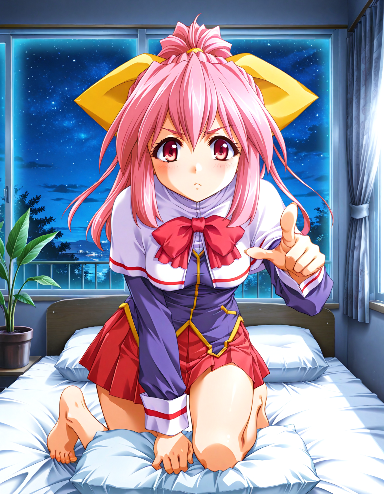 (1girl, solo:1.3), (2girls, 3girls, 4girls, multiple girls, 2boys, 3boys, 4boys, multiple boys:-1.5) <lora:Inuyama_Tsumugi_Dokusen_Illustrious:0.9>, inuyama_tsumugi, medium breasts, red eyes, pink eyes, pink hair, long hair, ponytail, hair bow, hair ribbon, yellow ribbon, school uniform, long sleeves, wrist cuffs, white capelet, capelet, red bowtie, bowtie, red skirt, pleated skirt, miniskirt (pout:0.7), open eyes, general, contrapposto, dynamic pose, pointing at viewer, portrait, straight-on, pov, , indoors, bedroom, bed sheet, pillow, cushion, hugging cushion, on bed, lying, window, outdoor view, curtains, plant, potted plant, flower, (perspective:0.7), barefoot, <lora:NOOB_EPSv1_1_detailer_by_vlnvk_v1_0:1.5>, (photo background:0.7), night, (tachibana yuu:0.6), inue shinsuke, (kazuma muramasa:0.0), saikawa yusa, (aoi manabu:0.6), abarerumidori, (suzui narumi:0.6), masterpiece, newest, absurdres, 8K, anime screenshot, anime coloring, flat color, official art, film grain, <lora:illustriousXLv01_stabilizer_v1.185c:0.7>, <lora:LECO_Solo:-4.0>,