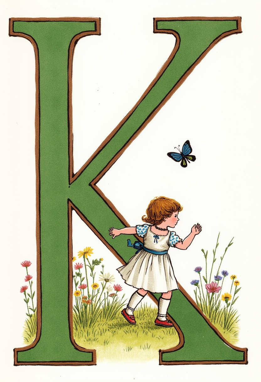 watercolor and ink illustration by Kate Greenaway. Features large green letter 'K' with brown border, showcasing a girl chasing a butterfly in a beautiful meadow with wildflowers