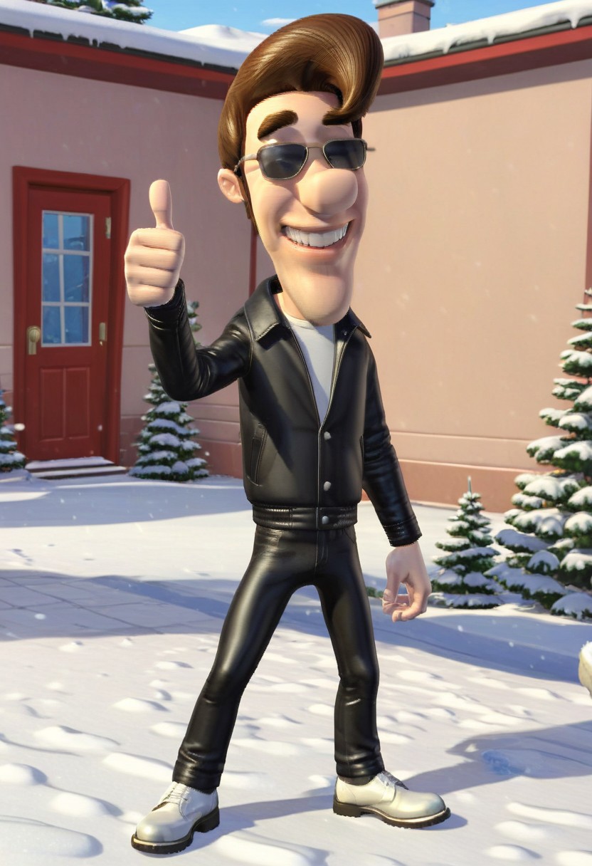 masterpiece, best quality, absurdres, toon (style), 1boy, male focus, solo, C_H_N_JN, brown hair, pompadour, sideburns, sunglasses, leather jacket, white shirt, leather pants, white shoes, standing, outdoors, snow, plain, thumbs up, smile,