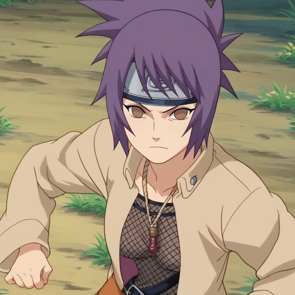 core_9, score_8_up, score_7_up, score_6_up, score_5_up, score_4_up, anime screencap, anime coloring, flat color, animification, <lora:Anko_Naruto-000007:1> , ank1, purple hair, ponytail,  brown eyes, no pupils, open jacket, fishnet top, necklace, skirt, forehead protector, shin guards,  belt, fishnets,