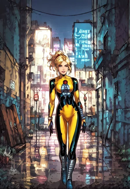 facing forward, full body, looking at viewer, long hair, blonde hair, ponytail, bodysuit3, 1girl, score_9, score_8_up, score_7_up, western cartoon, natural lighting, sunny, very detailed, depth of field, cinematic illumination, volumetric lighting, full color picture, vibrant colors, solo, alone, skinny, small bust, walking, waving, smile, alley next to the city,
