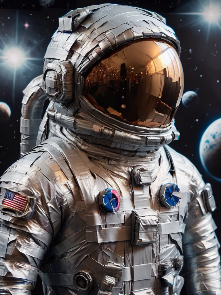 photo of astronaut in space flowing quantum continuum fabric realistic multidimensional abstractions ral-ducttape shot with a panavision arriflex imax lense, depth of field, cinematic lighting, astronomy low poly count, space reflection on helmet <lora:ral-ducttape-sdxl:1>