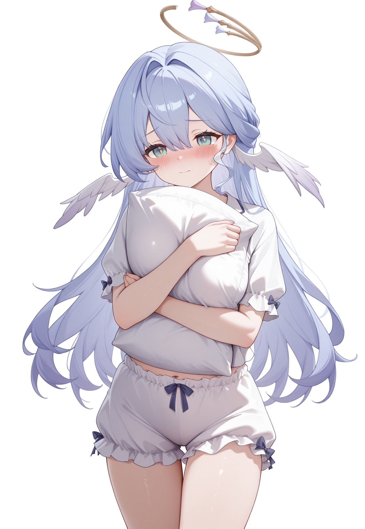 safe_pos, best quality, masterpiece, highres, 
simple background, 


RobinHSR, 1girl, breasts, green eyes, long hair, blue hair, halo, wings, head wings, bangs, hair between eyes, hair intakes,

alternate_ costume, alternate clothes,

pajamas, bloomers, hugging a pillow, blush, standing,