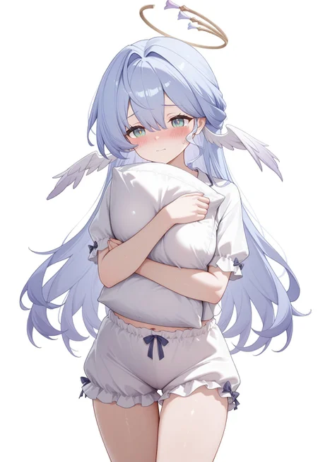 safe_pos, best quality, masterpiece, highres, 
simple background, 


RobinHSR, 1girl, breasts, green eyes, long hair, blue hair, halo, wings, head wings, bangs, hair between eyes, hair intakes,

alternate_ costume, alternate clothes,

pajamas, bloomers, hugging a pillow, blush, standing,