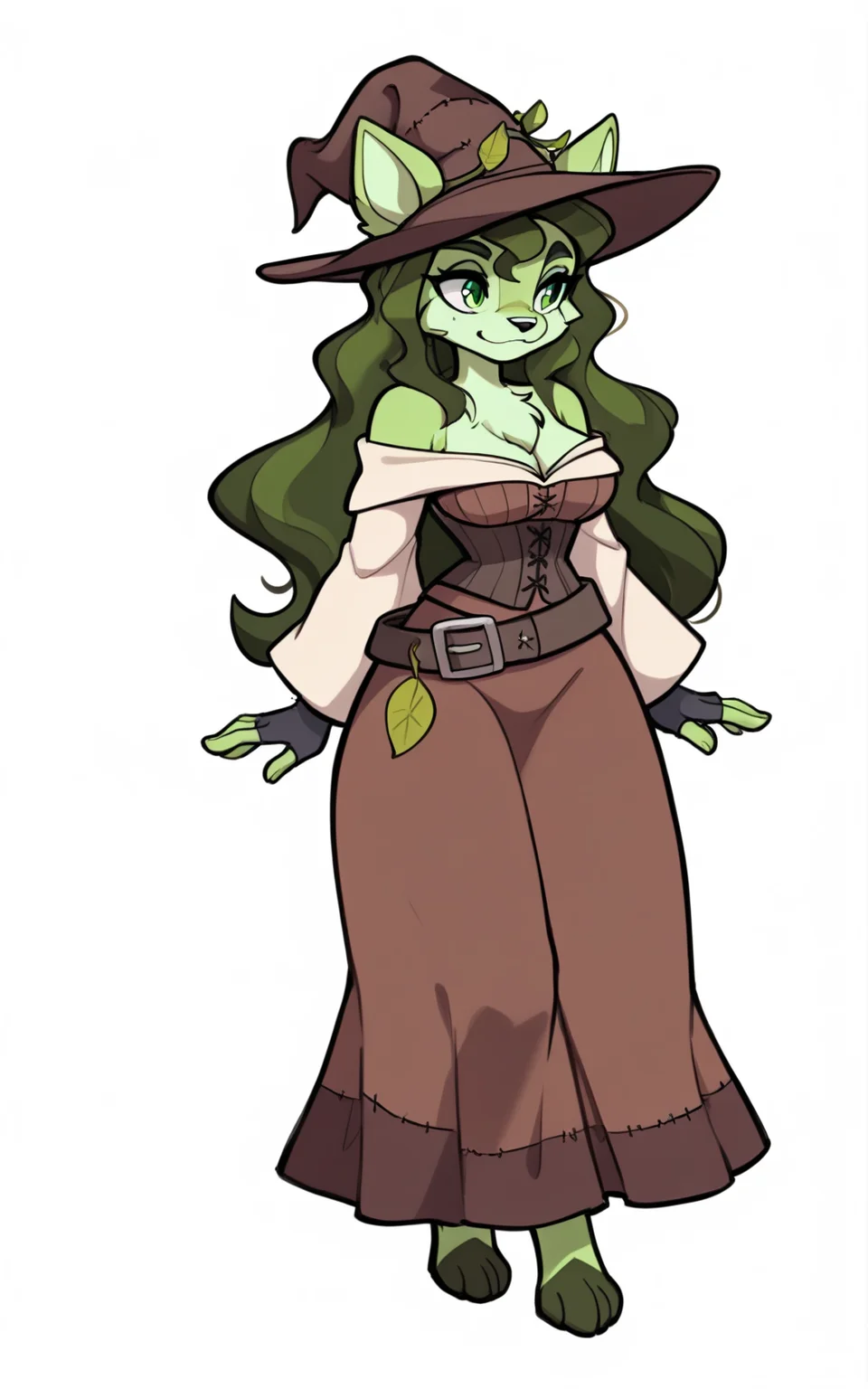 best quality, absurdres,full body, <lora:BolivanteStyleITS:0.8>,<lora:SSWITS:0.8>,SSWITS, ,long hair, skirt,dress, animal ears, cleavage, green eyes, green hair, belt, wide sleeves, leaf,furry, long skirt, furry female, brown headwear, witch hat, ears through headwear, green fur, animal nose, corset, bare shoulders, white background, long sleeves ,wavy hair,gloves, fingerless gloves,stitches,standing