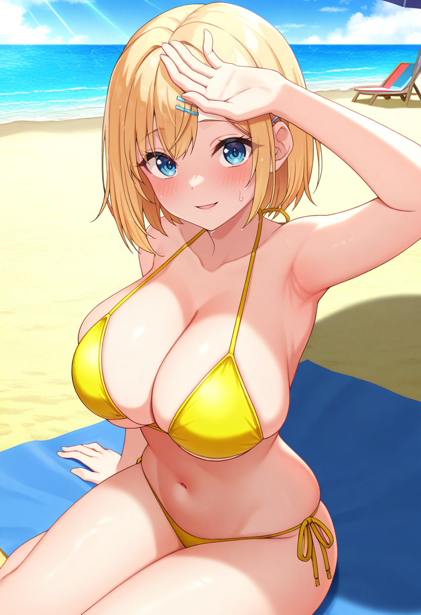 masterpiece, best quality,  1girl, huge breasts, outdoors, towel, beach towel, blonde hair, horizon, armpits, looking at viewer, beach, yellow bikini, sky, sand, sitting, bare shoulders, hair ornament, blue eyes, day, arm up, short hair, bikini, collarbone, blush, hand on own head, cleavage, umbrella, parted lips, water, sunlight, side-tie bikini bottom, smile, ocean, shading eyes, cloud, beach chair, sweatdrop, stomach, hairclip, skindentation, breast