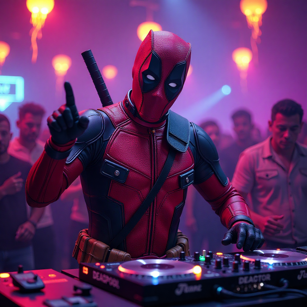 Deadpool hosts a wild, colorful rave party, spinning tunes as the main DJ in a neon-lit club. One hand inn the air pointing, His signature humor and fourth wall breaks keep the energy high while he expertly mixes tracks to create an unforgettable dance party experience