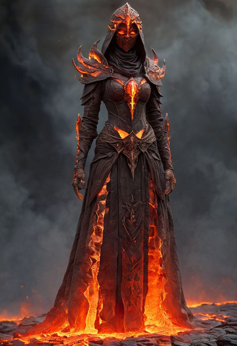 A stunning, highly detailed dark fantasy full body illustration of a mystic woman. She walks in lava, Fire goddess, dark  toga, canvas hood, war mask, cracked skin, basalt, surrealist