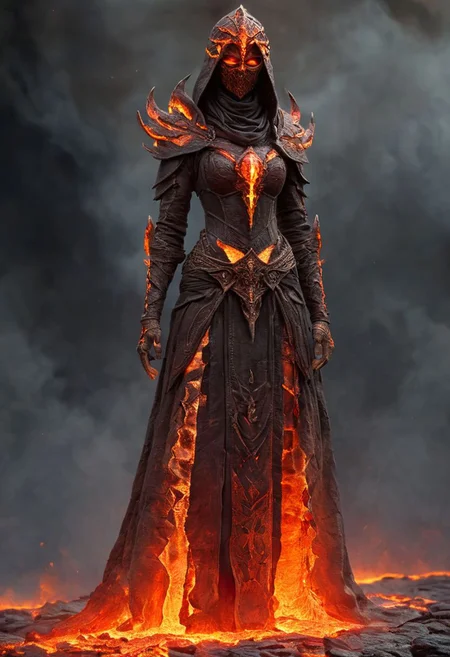 A stunning, highly detailed dark fantasy full body illustration of a mystic woman. She walks in lava, Fire goddess, dark toga, canvas hood, war mask, cracked skin, basalt, surrealist