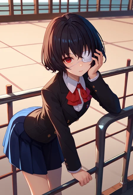 score_9, score_8_up, score_7_up, 1girl, solo,mskr, black hair, short hair, red eyes, eyepatch, red ascot, black blazer, blue skirt, long sleeves, handrail, bent over, looking at viewer, <lora:Misaki Mei 6-000007:1>