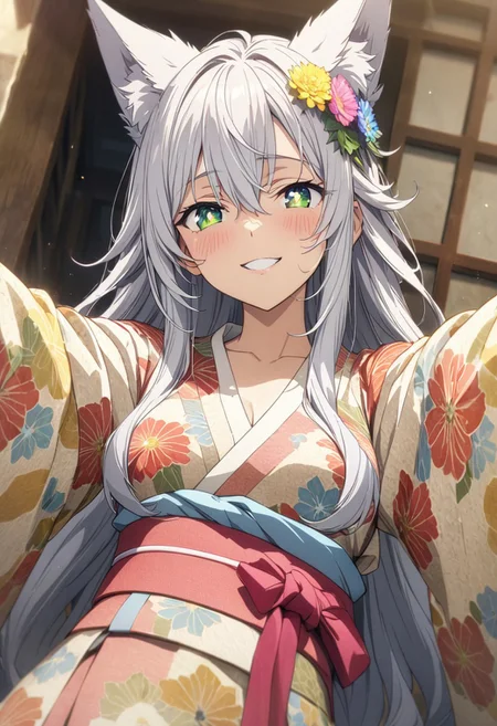 gorgeous lips, (masterpiece), (best quality), (ultra-detailed), very aesthetic, illustration, perfect composition, intricate details, absurdres, detailed face, (anime, masterpiece, intricate:1.3), (best quality, hires textures, high detail:1.2), (4k),(incredibly detailed:1.4) 
Top quality, illustration, bust shot, girl looking at viewer, smiling girl, solo, fox ears, ear hair, silver hair, hair between eyes, long sideburns, (long hair reaching to shoulders), super long hair, long hair, green eyes, front angle, sparkling eyes, droopy eyes, voluminous hair, long hair, blushing, full body, smiling, spring kimono, waking up, flower hair accessory, light blue small flower, June 30th birth flower Scabiosa flower background,