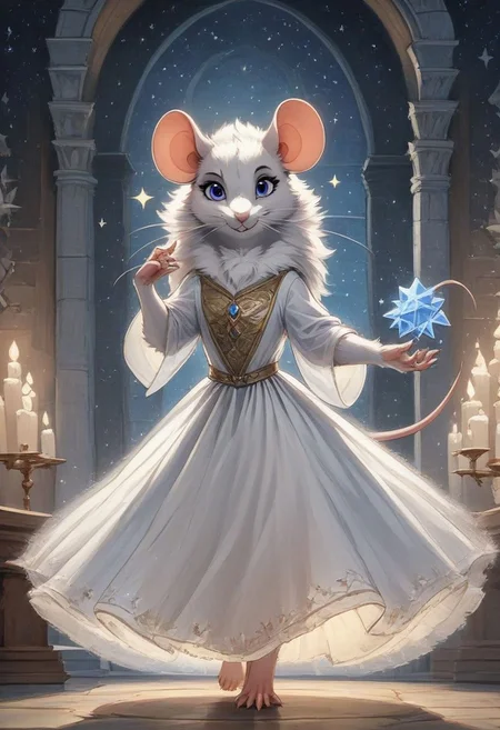 score_9, score_8_up, score_7_up, solo, (fluffy:1.0), (feral), toes, (furry), (((mouse)), female, chest, claws, (fluffy cheeks:1.0), fantasy, (white wizard robes), cloture gown, applique dress, transparent dress, priestess, in the style of beatrix potter, (solo:2), magic pose, holding white fantasy wizard staff, fluffy fur, (white fur), long whiskers, ice blue eyes, medieval castle, Thomas Kinkade style, sparkles, stars, nightsky, celestial, stars on robes, sparkling robes, celestial robes, star magic lavender purple eyes, eye contact, light smile, tilted angle, moody lighting, flouting, suggestive pose, professional lighting, fantasy, perfect quality, high quality,