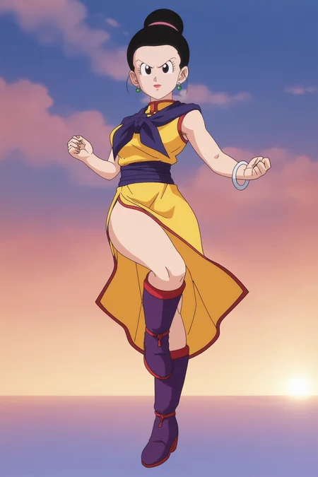 source_anime, score_9, score_8_up, score_7_up, anime screencap, absurdres, official style,
chi-chi black,
hair pulled back, super outfit, bare arms, (bare legs), official style, 1girl, solo, breasts, looking at viewer, black hair, red trim, fingernails, standing, earrings, boots, purple footwear, outdoors, sky, sleeveless, day, cloud, black eyes, bracelet, blue sky, purple sash neckerchief, purple sash, v, yellow dress, leg up, single hair bun, standing on one leg, china dress, side slit, fighting stance, eyelashes, lipstick
<lora:chichiDBS_pony_v1:0.8>