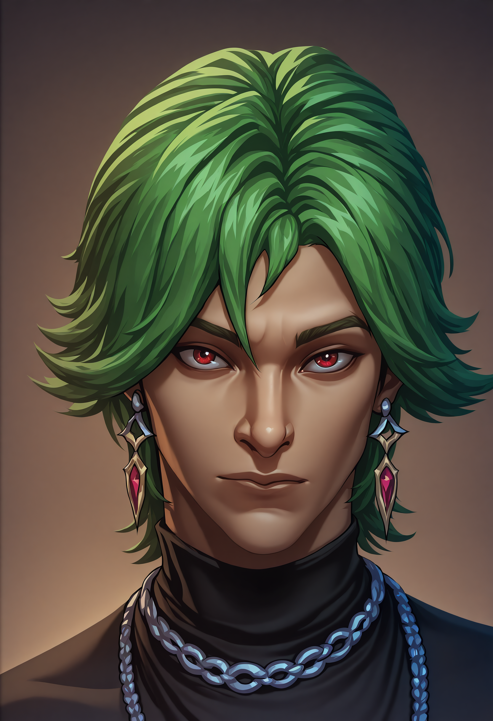 (masterpiece, best quality, highres, 8k, extremely detailed, absurdres), hrstlxks style, solo, looking at viewer, short hair, bangs, red eyes, 1boy, jewelry, male focus, earrings, green hair, necklace,  portrait <lora:Heartsteel_PARANOIA_Illustrious_XL:1>