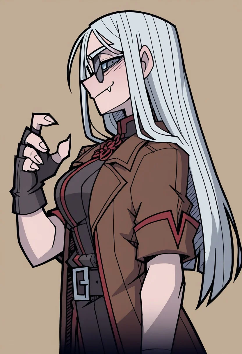 masterpiece, best quality, <break> , solo, 1boy, (((boy))), (((male))), smile, fang, , grey hair, (straight hair), (((long hair))), , round eyewear, sunglasses, (no eyes),
profile,
(((claws))),
looking at viewer, gloves, fingerless gloves,
( coat), brown coat, open coat, short sleeves,
<segment:yolo-Anzhc Face seg 640 v2 y8n.pt,0.4,0.5//cid=1>
simple background,
(((vanripper))),
<lora:VanripperIllustriousXL_byKonan:1>