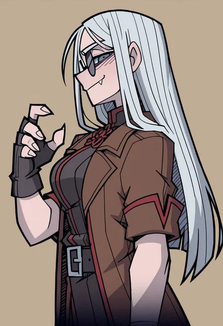 masterpiece, best quality, <break> , solo, 1boy, (((boy))), (((male))), smile, fang, , grey hair, (straight hair),  (((long hair))), , round eyewear, sunglasses, (no eyes),
profile,
(((claws))), 
 looking at viewer,  gloves, fingerless gloves,
( coat), brown coat, open coat, short sleeves, 
<segment:yolo-Anzhc Face seg 640 v2 y8n.pt,0.4,0.5//cid=1>
simple background,
(((vanripper))), 
<lora:VanripperIllustriousXL_byKonan:1>