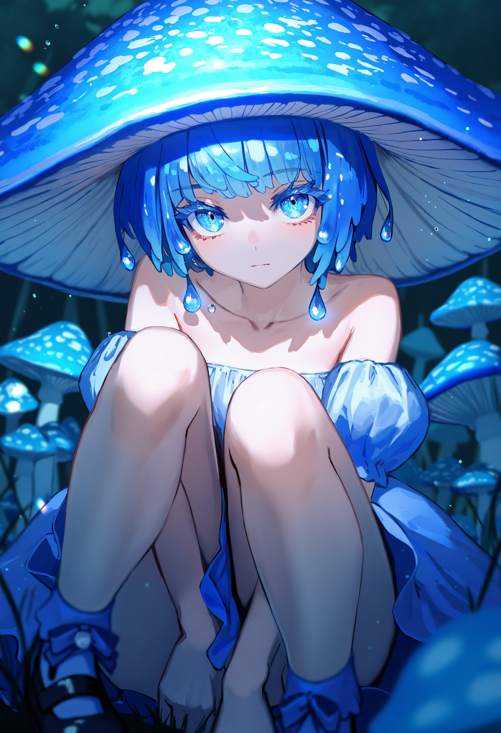by [lack|fuzichoco|lam|kinta \(distortion\)|wlop|quasarcake|nixeu|happoubi jin],
mushroom girl, 1girl, bare shoulders, blue theme, jirai kei, colored eyelashes, blue eyes, looking at viewer, closed mouth, collarbone, facing viewer, light particles, mushroom, mushroom hat, personification, solo, close-up, knees up, mary janes, mycena subcyanocephalar, night, depth of field, scenery, nature, blue mushroom, droplets, dew drop, blurry foreground, sunbeam, lens flare,
masterpiece, best quality, very aesthetic, absurdres
<lora:illustrious_noobai_epsilon_pred_1_masterpieces_v1:1>
<lora:illustrious_noobai_epsilon_pred_1_best_quality_v1:1>