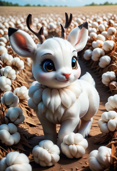 score_9, score_8_up, score_7_up,realistic, cotton, small rabbit_deer_hybrid, cotton fur, cute, cotton field, vivid colors,