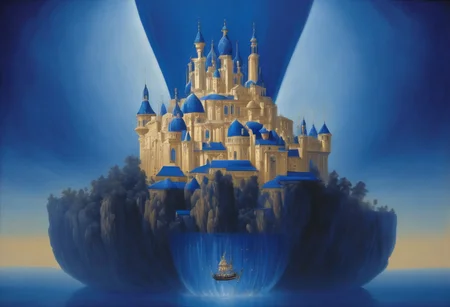 award winning painting of a floating castle in the air, epic composition, detailed, parts made of deep blue crystal, intricate, the greatest painting ever