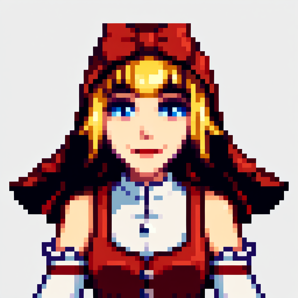 score_9, score_8_up, score_7_up, source_anime, BREAK, solo, 1girl, smile, looking at viewer, <lora:Stardew-Valley-Portraits-pdxl_Fp:1>, portrait, simple background, pixel art, white background, <lora:Idun-pdxl-DoRA_Fp:0.8>, idunnsmt, short hair, blonde hair, blue eyes, veil, red bow, red dress, vest, frilled skirt, white gloves, elbow gloves, white thighhighs, smile, bare shoulders, miniskirt, black skirt,