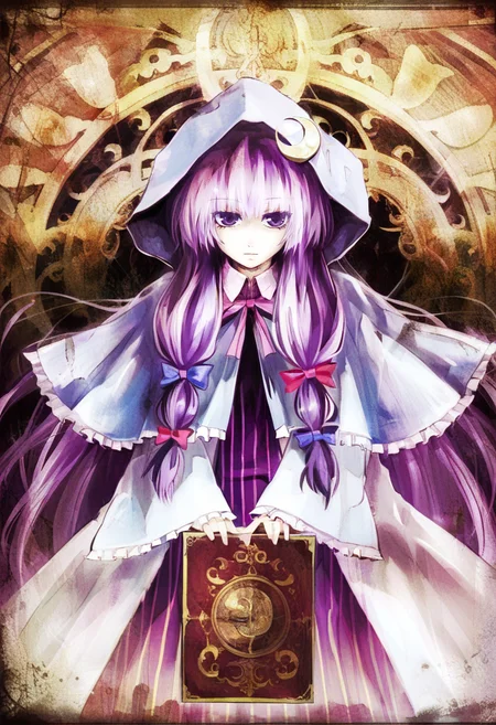 1girl, solo, patchouli knowledge, long hair, purple hair, book, purple eyes, hood, crescent, very long hair, dress, capelet, ribbon, bow <lora:banpaiAkiraOSXL_NBVP1_lokr_V6311P:0.95>
