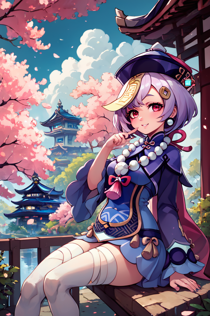 score_9, score_8_up, score_8, medium breasts, (curvy), cute, eyelashes,       ,,, , ,,, zzQiqi, braid, long hair, red eyes, hair ornament, earrings,   ofuda, qingdai guanmao, jiangshi, long sleeves, bead necklace, wide sleeves, white thighhighs, dress, <lora:Qiqi_Genshin_PDXL_v2:0.8>,     ,,,, BREAK, sitting on bench, side view, smile, looking at viewer, cowboy shot,  ,,, BREAK, pnkBldng, sky, day, cloud, tree, blue sky, building, architecture, east asian architecture,  ,,, BREAK, embedding:zPDXL, Expressiveh,  ,,, <lora:PinkBuildingsPDXL_v2:0.6>, <lora:SDXLFaeTastic2400:0.5>, <lora:Expressive_H-000001:0.4>