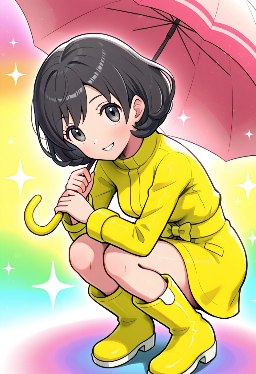 hinosaki, [[pokemoa, gonzarez]],2d, masterpiece, best quality, amazing quality, 1girl, solo, close-up, squatting, smile, upper body, leaning_forward, looking at viewer, multicolored background, sparkle, rainbow background, colorful background, orasparasol, black hair, short hair, yellow raincoat, long sleeves, yellow bow, rubber boots, yellow footwear