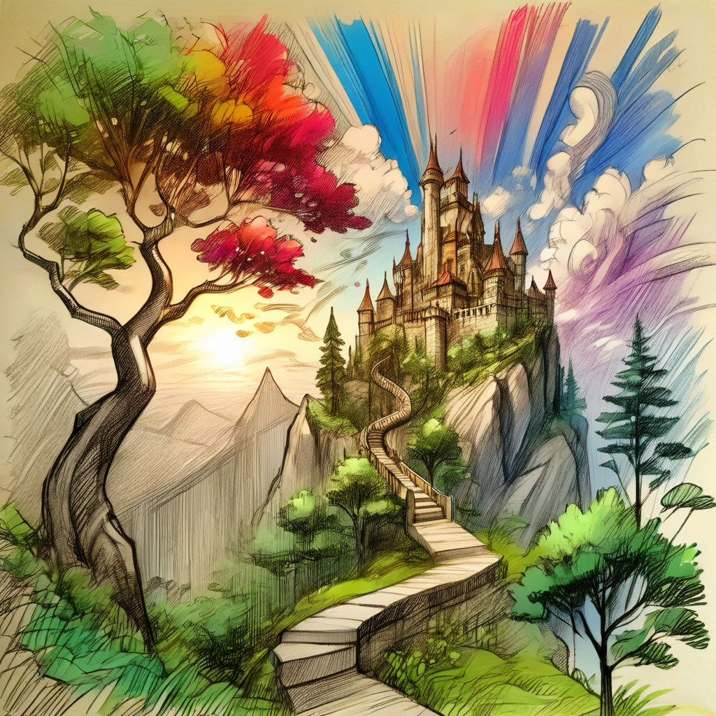 vextria sketch, landscape, dragon, castle on the rock, trees and forest in the distance, colorful, very detailed <lora:vextria:1>