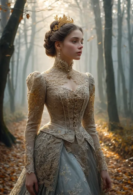 epiCRealism, masterpiece, highly detailed, one girl in a extremely detailed Victorian dress, lace and embroidery with golden leaves and pearls, hair made in a high bun, she walks alone through a late autumn forest in a cold morning, the Sun has just risen and timid sun-rays pierce the autumn leafs and reaches the early mist that clings to the earth, time stands still while early snowflakes falls from a grey sky