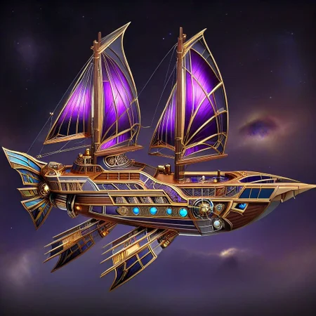 lumenarium, flying ship at space, big purple sail like solar panels, stary sky, aether nebulas, realistic, wooden hull with metal elements, blue glowing energy sail:3, gold metal, steampunk, wings like solar panels, tpship, metal plates, wooden boards, side view, ais-artdeco, contrast